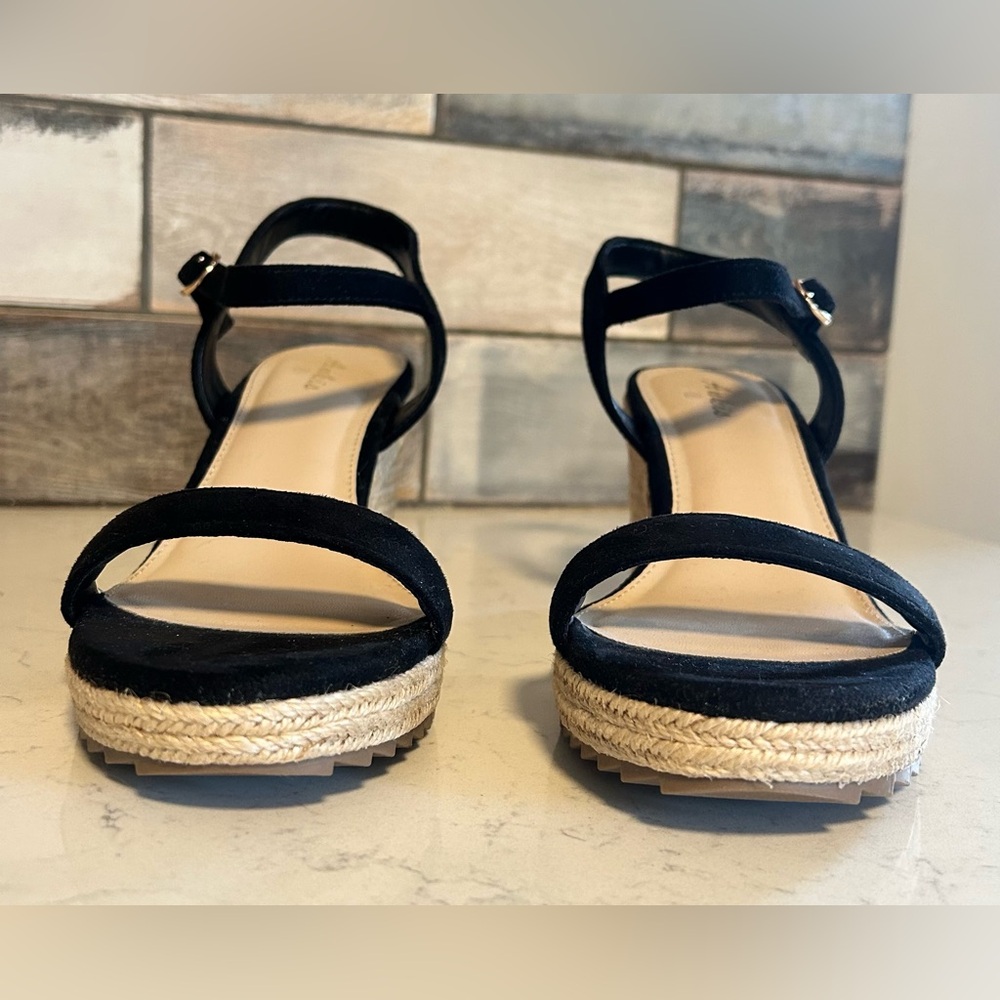 NWOT Platform Wedge Espadrille Black Faux Suede Open Toe Sandals - Picture 11 of 16